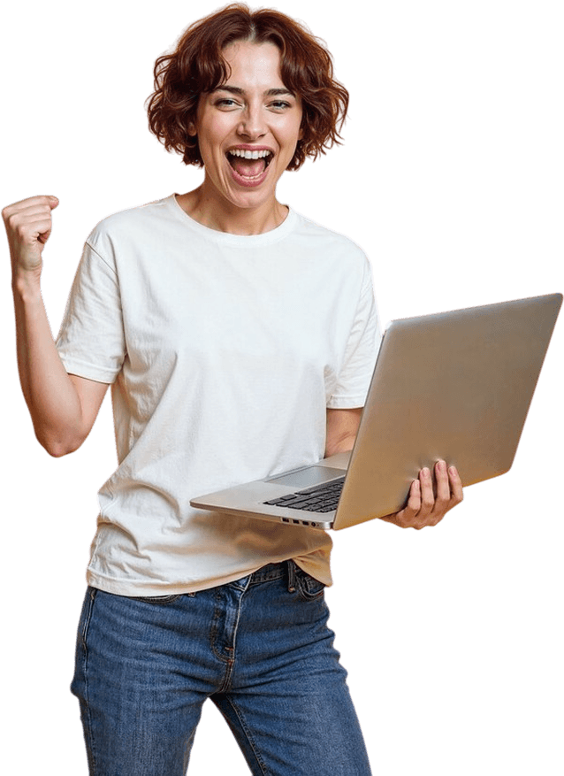 Happy woman with laptop celebrating